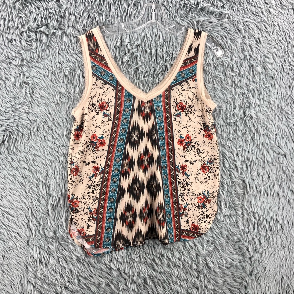 Daytrip Blouse Womens Small Vneck Aztec Southwestern Raw Edge Flower